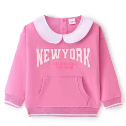 Babyhug Cotton Knit Full Sleeves Peter Pan Collar Sweatshirt with Text Print & Kangaroo Pockets - Pink-picture-16