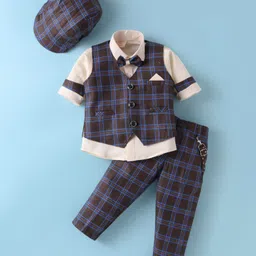 Rikidoos Full Sleeves Solid Shirt With Checked Waistcoat Pant Suspender Cap & Bow Set - Cream & Brown image 1