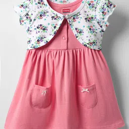 babyhug Babyhuhg Cotton Knit Half Sleeves Frock & Shrug with Floral Print - Pink & White-picture-31