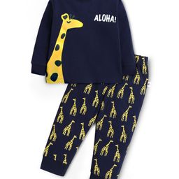 BUMZEE Cotton Knit Full Sleeves Giraffe Printed Night Suit - Navy Blue-picture-14