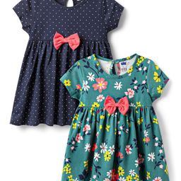 Simply Sinker Knit Half Sleeves Polka Dot & Floral Printed Frocks With Bow Applique Pack of 2 - Navy Blue & Green-picture-29