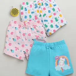 BUMZEE Cotton Knit Above Knee Length Floral & Cat Printed Shorts With Bow Applique Pack of 3 - Baby Pink White & Light Blue-picture-16
