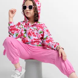 Ollington St. 100% Cotton Winterwear Set Of Floral Printed Full Sleeves Hoodie & Joggers - Pink-picture-19