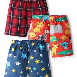 Babyhug Cotton Woven Above Knee Length Boxers with Checked Animal & Star Print Pack of 3 - Red & Blue-picture-13