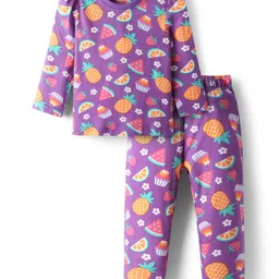 Babyhug Cotton Knit Full Sleeves Co-Ord Night Suit with Fruits & Cupcake Print - Purple-picture-36