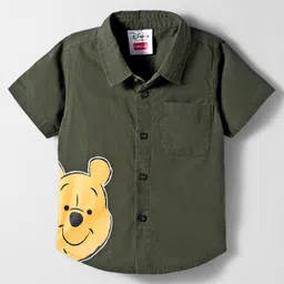 Babyhug Disney Poplin Woven Half Sleeves Printed Shirt with Winnie the Pooh Graphic -Olive Green-picture-10
