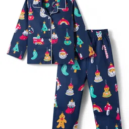 Babyhug Cotton Woven Full Sleeves Co-ords Night Suit With Santa Print - Navy Blue-image-59