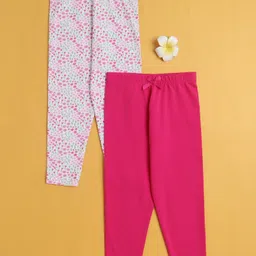BUMZEE Cotton Knit Full Length Leggings With Floral Print Pack Of 2 - Dark Pink & White-picture-22
