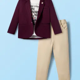 Dapper Dudes Full Sleeves Textured Blazer With Typography Printed Tee & Pant Set - Wine-picture-33