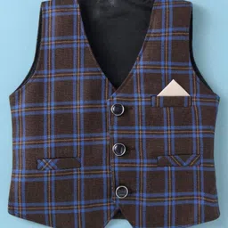 Rikidoos Full Sleeves Solid Shirt With Checked Waistcoat Pant Suspender Cap & Bow Set - Cream & Brown image 2