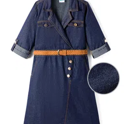Hola Bonita Cotton Woven Full Sleeves Knee Length Solid Denim Dress with Belt - Navy Blue image 2
