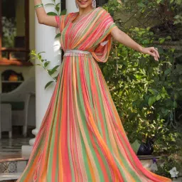 Scakhi Green Chinon Silk Candy Striped Poncho Gown With Belt image 5