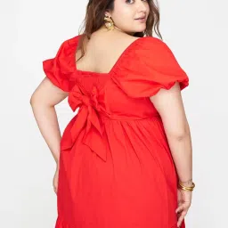 VIRGIO Red Flared Fit Solid Dress image 5