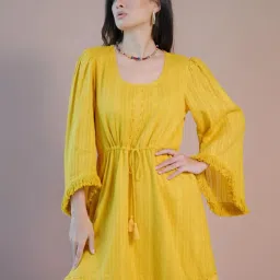 VIRGIO Yellow Flared Fit Solid Dress image 5