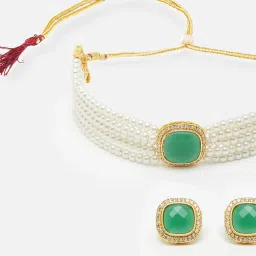 Zeneme Gold Plated White Pearl Beaded Green AD Stone Jewellery Set image 5