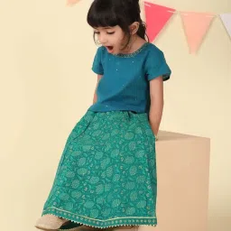 Fabindia Girls Green Cotton Printed Lehenga Set image 5