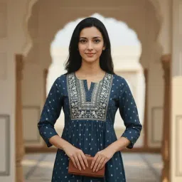 Rangita Navy Blue Embroidered Three-Quarter Sleeves Kurta image 5