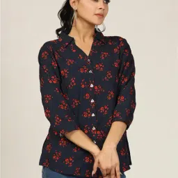 Mustard Navy & Red Floral Print Shirt-image-22