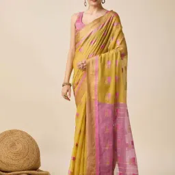 Satrani Mustard Yellow & Pink Cotton Silk Woven Saree With Unstitched Blouse-image-4