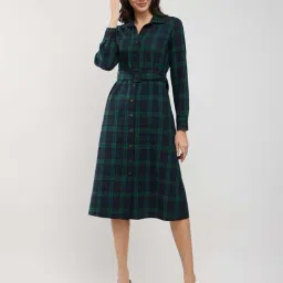 Fablestreet Green Cotton Checks A-Line dress Dress With Belt-image-4