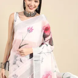 Anouk White Floral Printed Linen Blend Saree-picture-35