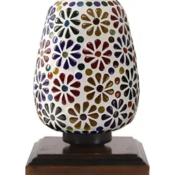 Aura White & Red Textured Bell Shaped Glass Table Lamp with Wooden Base image 3