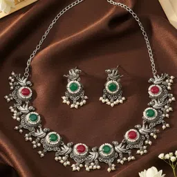 VIVAZS Silver Plated & Stone Studded Jewellery Set image 3