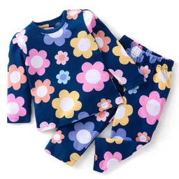 Babyhug Cotton Knit Full Sleeves Floral Printed Night Suit - Navy Blue-picture-21