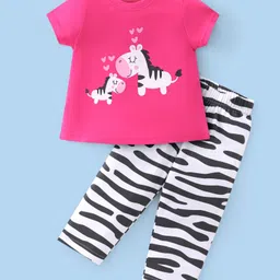 Babyhug Single Jersey Cotton Knit Half Sleeves Zebra Print Night Suit - Pink-picture-19