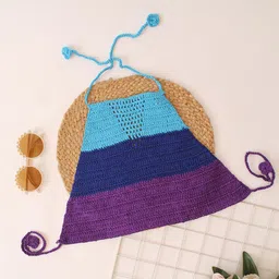 Woonie Cotton Halter Neck Colour Blocked Crochet Top - Blue-picture-33