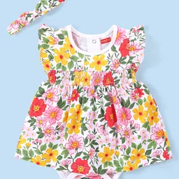 Babyhug 100% Cotton Knit Frill Sleeves Frock Style Onesie with Headband Floral Print - Multicolour-image-38