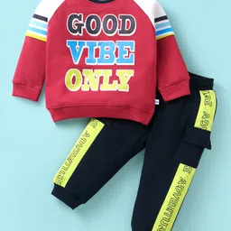 Kookie Kids Raglan Full Sleeves Winter Wear Text Print Sweatshirt & Lounge Pant Set - Red & Black-picture-21