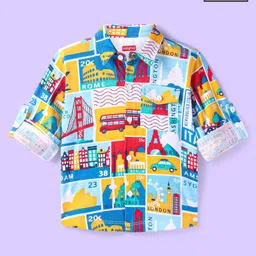 Babyhug Cotton Knit Full Sleeves Shirt With Capital Cities Print - Blue-image-73