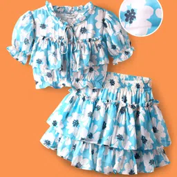 OLLINGTON ST. Georgette Woven Half Puff Sleeves Printed Top & Skirt Set with Frill Detailing & Flower Print - Light Blue & White-picture-16