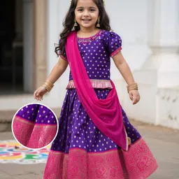 Babyhug Brocade Woven Half Sleeves Choli Lehenga & Dupatta Set With Floral Foil Print - Purple-picture-10