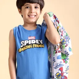 Babyhug Marvel Cotton Half Sleeve Avengers Printed Shirt With Spiderman Printed T-Shirt - White & Blue image 2