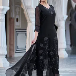 VASTRAHUT Ethnic Motifs Embroidered V-Neck Thread Work Kurta With Trousers & Dupatta image 3