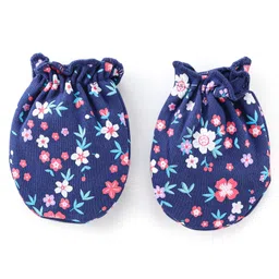 Babyhug 100% Cotton Mittens & Booties Set Floral Print - Navy Blue image 4