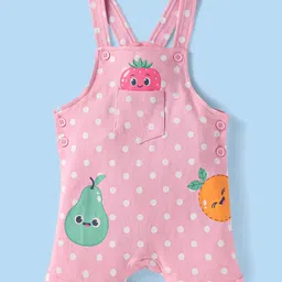 Babyhug Single Jersey Knit Half Sleeves Striped Top with Polka Dots & Fruit Printed Dungaree - Pink image 4