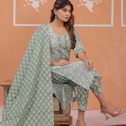 JAHIDA COMFORT WITH STYLE Women Ethnic Motifs Printed Regular Pure Cotton Kurta with Trousers & With Dupatta-picture-38