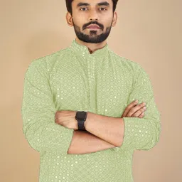 ORIFAB Men Green Cotton Kurtas image 3
