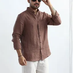 XKIND Men Comfort Fit Solid Button-Down Collar Linen Casual Shirt-picture-11