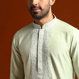 KALKI Fashion Men Ethnic Motifs Embroidered Regular Thread Work Chanderi Cotton Kurta with Pyjamas image 3