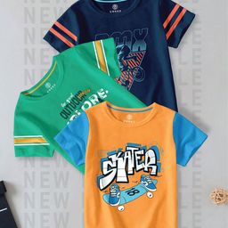 CODEZ Boys Pack Of 3 Typography Printed Round Neck Cotton T-shirts-picture-0