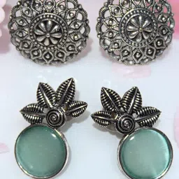 Jolly Faces Set Of 2 Artificial Stones Studded Circular Oxidised Studs image 1
