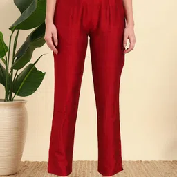 VOGAAN Women Original Cotton Slim Fit Trousers with Half-Elasticated Waist-image-3