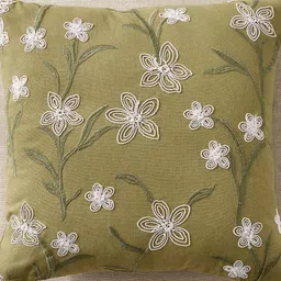Home Centre Whales Cord Green & White Floral Embroidered Cotton Square Cushion Cover-image-98