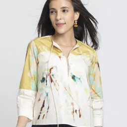 SHAYE Beige Tie Up Neck Printed Three-Quarter Sleeves Casual Tops For Women-image-10