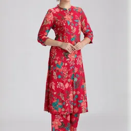COTTON CULTURE Floral Printed Mandarin Collar A-Line Kurta With Palazzo-image-82