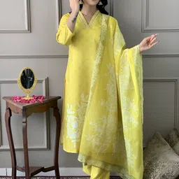 Pantos Women Ethnic Motifs Regular Thread Work Pure Cotton Kurta with Trousers & Dupatta-image-55